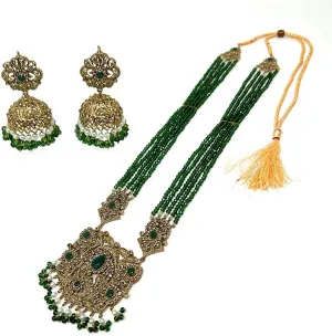 Duel On Jewel Traditional Indian Pakistani Multi-Strand Rani Haar Pendant Necklace Sets for Women, Gold-Plated with Pearls and Beads, Dangle or Chandelier Earrings, Bridal Wedding Party Gift Jewelry