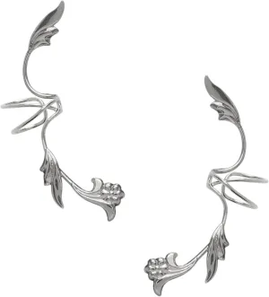 Ear Charms Flower and Leaf Full Ear Spray Ear Cuff Non-Pierced Cartilage Wrap Earrings in Rhodium on Sterling Silver