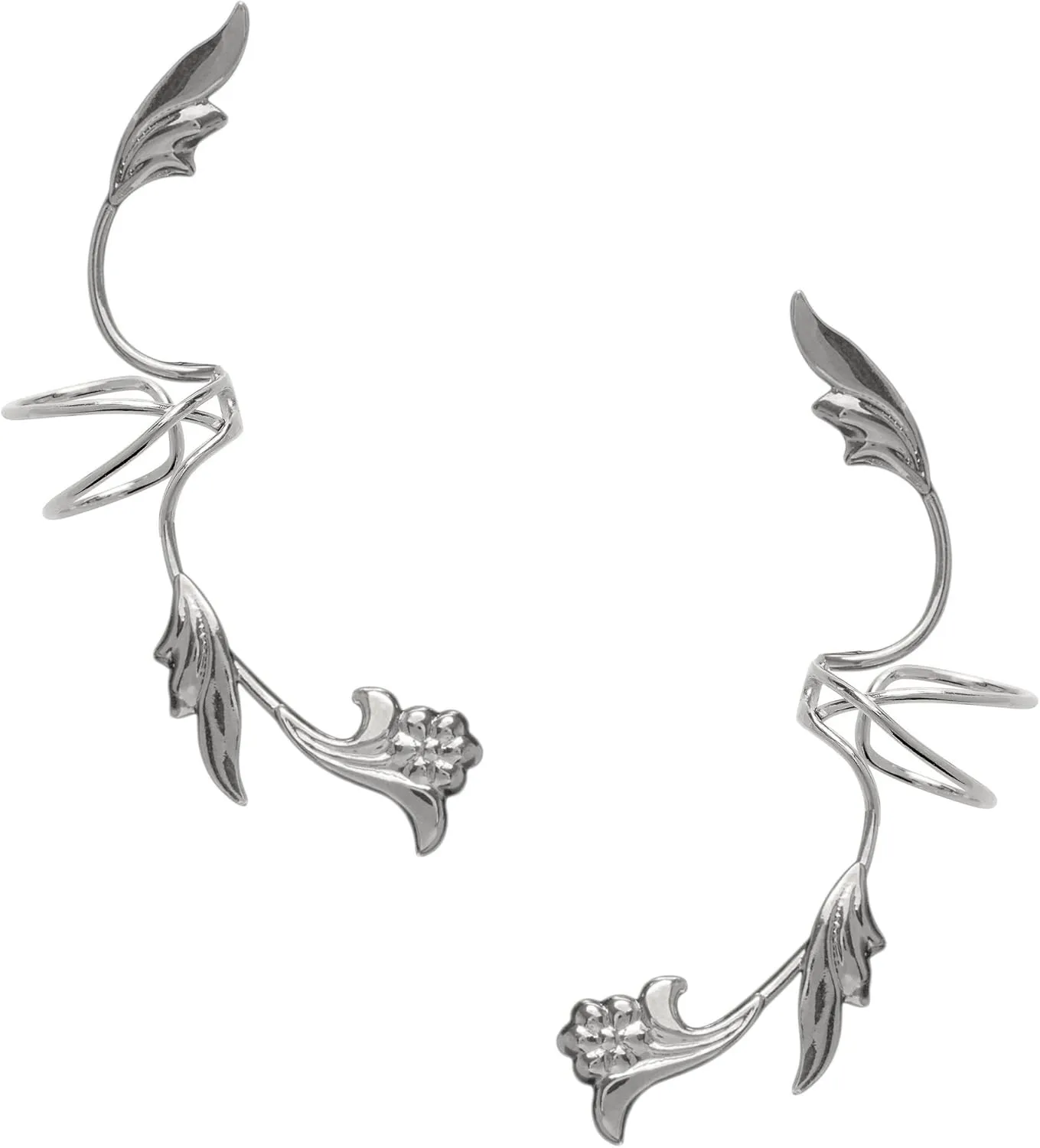 Ear Charms Flower and Leaf Full Ear Spray Ear Cuff Non-Pierced Cartilage Wrap Earrings in Rhodium on Sterling Silver