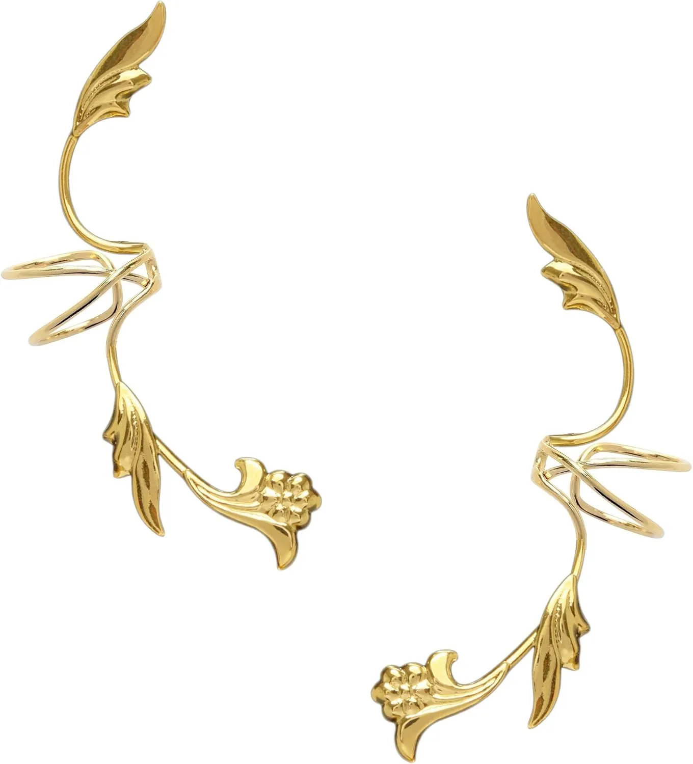 Ear Charm's Flower Leaf Full Ear Spray Ear Cuff Pair Non-Pierced Wrap Earrings in Gold on Sterling