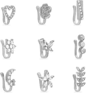 Earring Hoop Stud Drop & Dangle, 9Pcs Ear Bone Studs Flower Shape Rhinestone Jewelry Moon Non Pierced Nose Rings for Party
