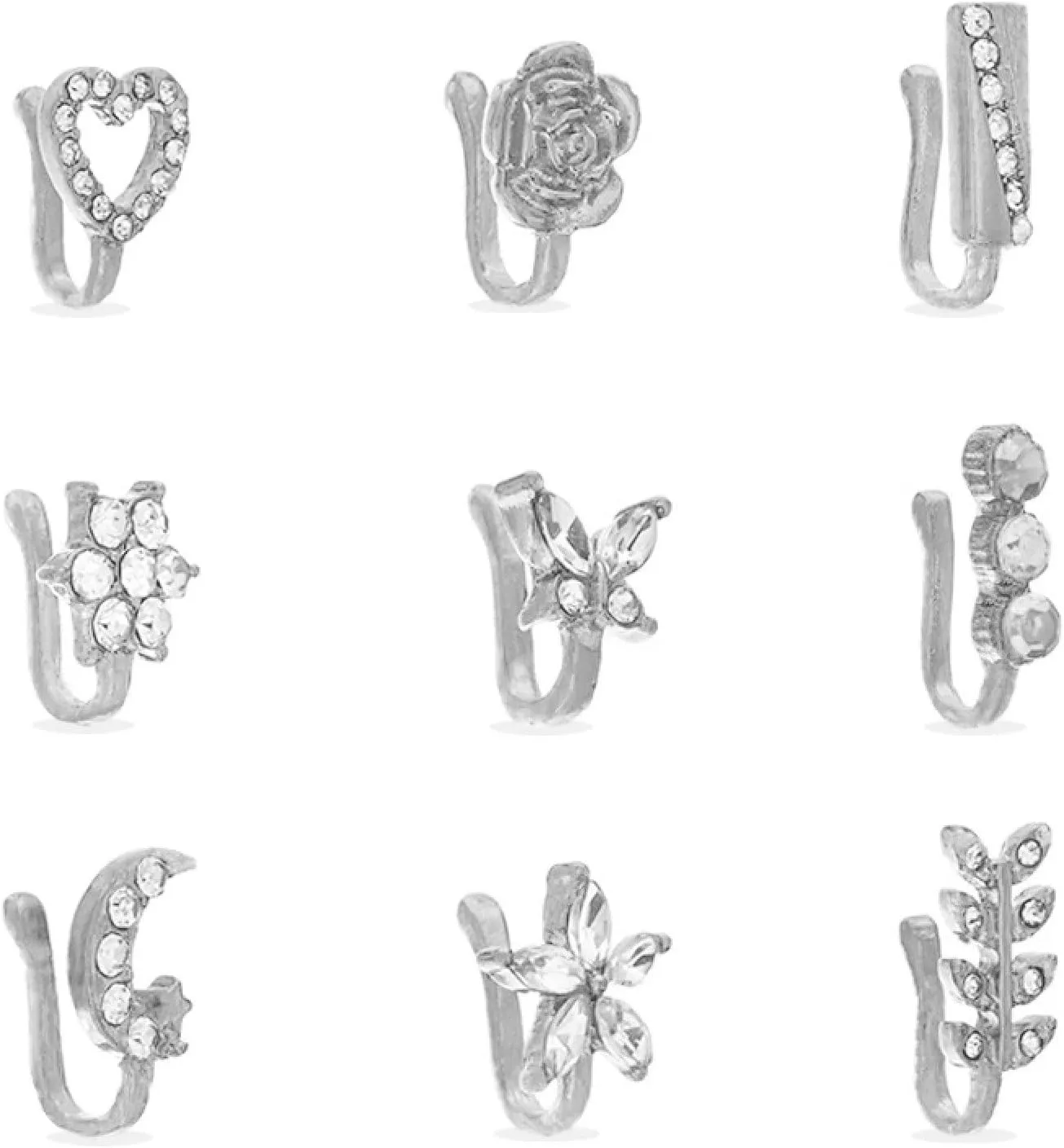 Earring Hoop Stud Drop & Dangle, 9Pcs Ear Bone Studs Flower Shape Rhinestone Jewelry Moon Non Pierced Nose Rings for Party