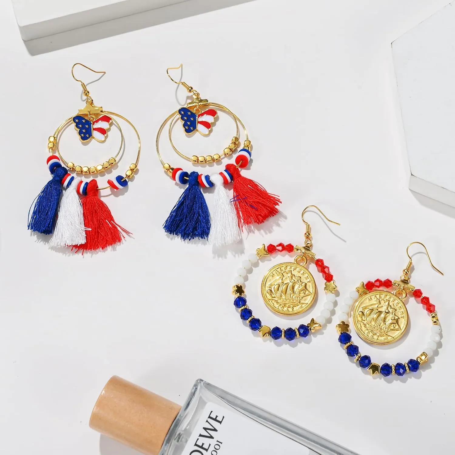Earring Independence Day Colorful Trend! Red and white artificial crystal beaded earrings, adorned with national flag elements, sparkle at your celebration moment.