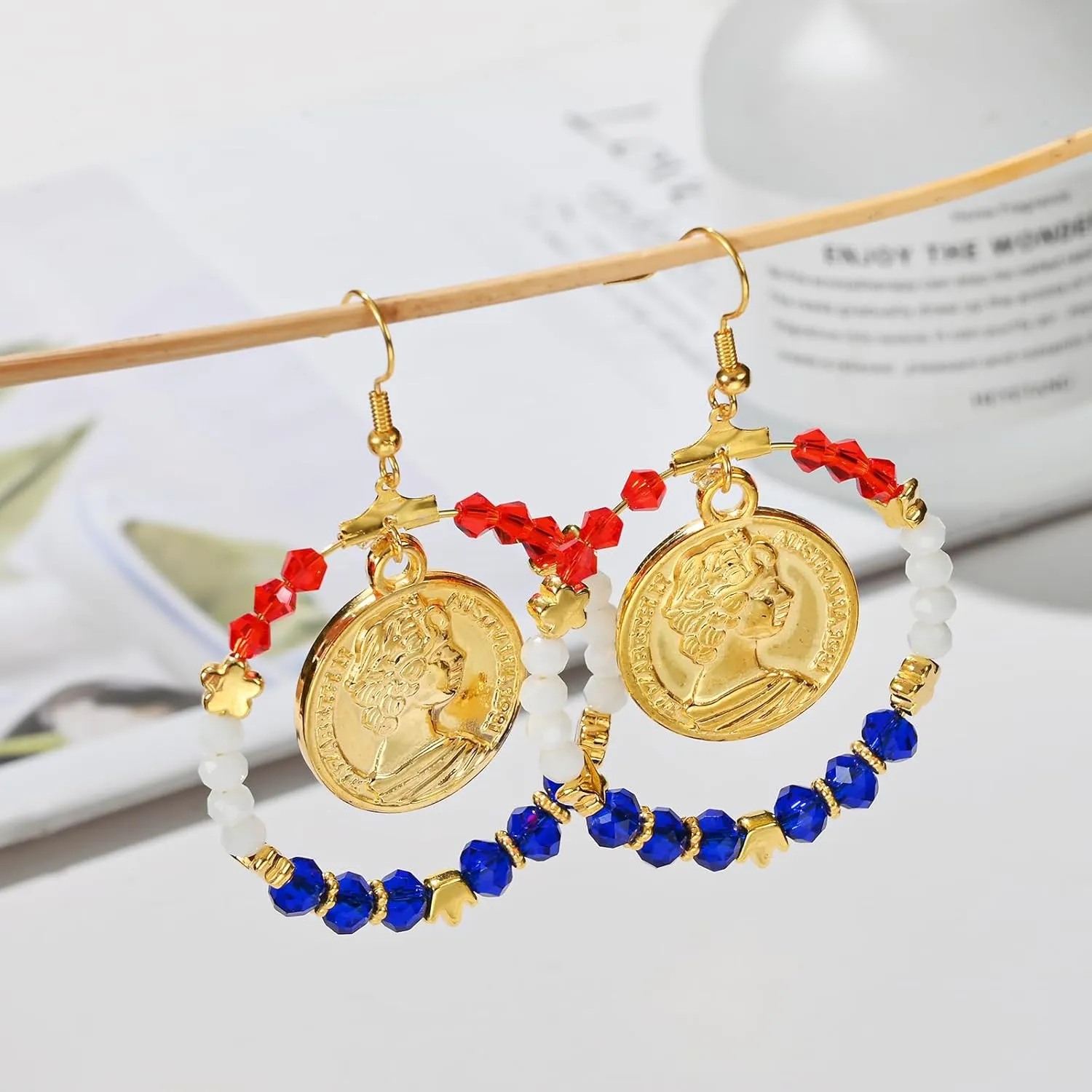 Earring Independence Day Colorful Trend! Red and white artificial crystal beaded earrings, adorned with national flag elements, sparkle at your celebration moment.