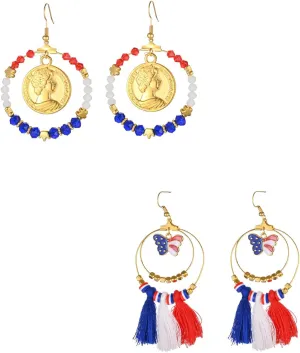 Earring Independence Day Colorful Trend! Red and white artificial crystal beaded earrings, adorned with national flag elements, sparkle at your celebration moment.