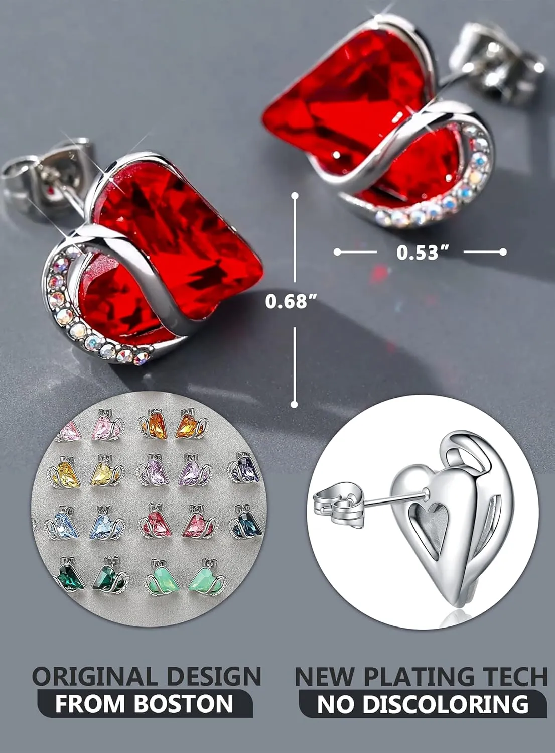 Earrings for Women, Mothers Day Gift for Mom, Heart Birthstone Crystal Stud Earring, Silver Plated Birthday Jewelry