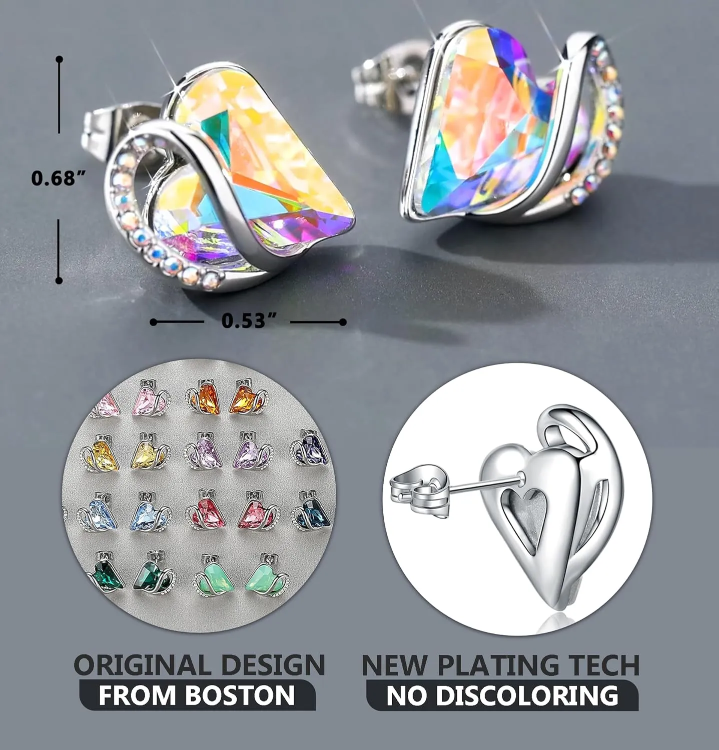Earrings for Women, Mothers Day Gift for Mom, Heart Birthstone Crystal Stud Earring, Silver Plated Birthday Jewelry