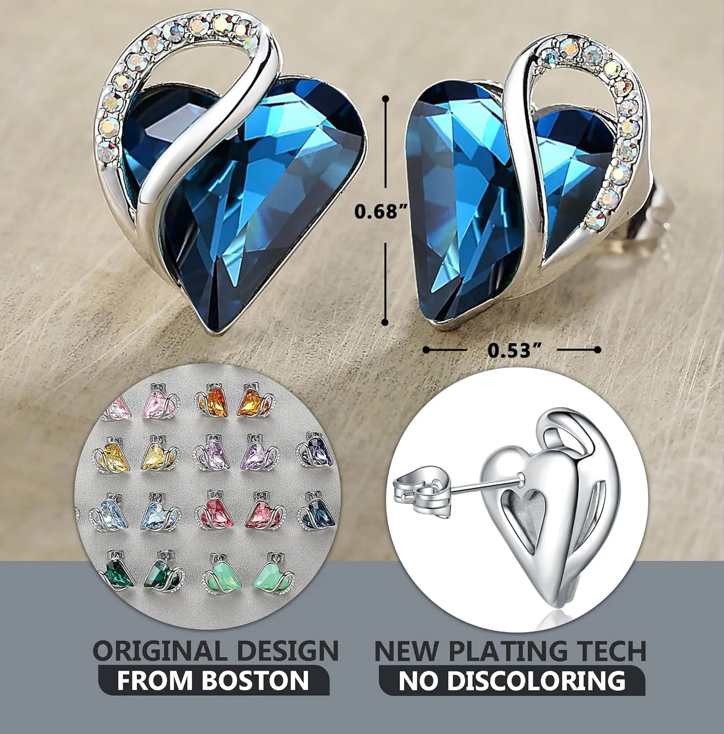 Earrings for Women, Mothers Day Gift for Mom, Heart Birthstone Crystal Stud Earring, Silver Plated Birthday Jewelry