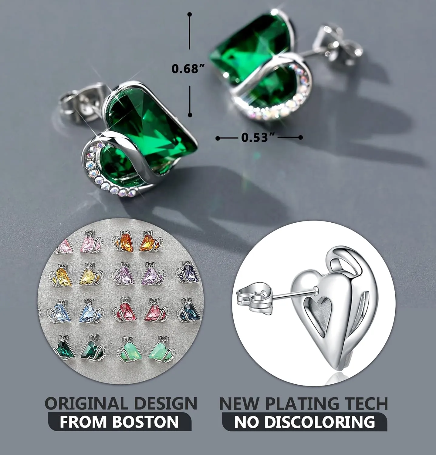 Earrings for Women, Mothers Day Gift for Mom, Heart Birthstone Crystal Stud Earring, Silver Plated Birthday Jewelry
