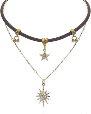 Eight Pointed Star Choker Necklace Vintage Brown Leather Necklace Maillard Flaming Sun Star Pendant Necklace for Women Teens Western Style Star Jewelry
