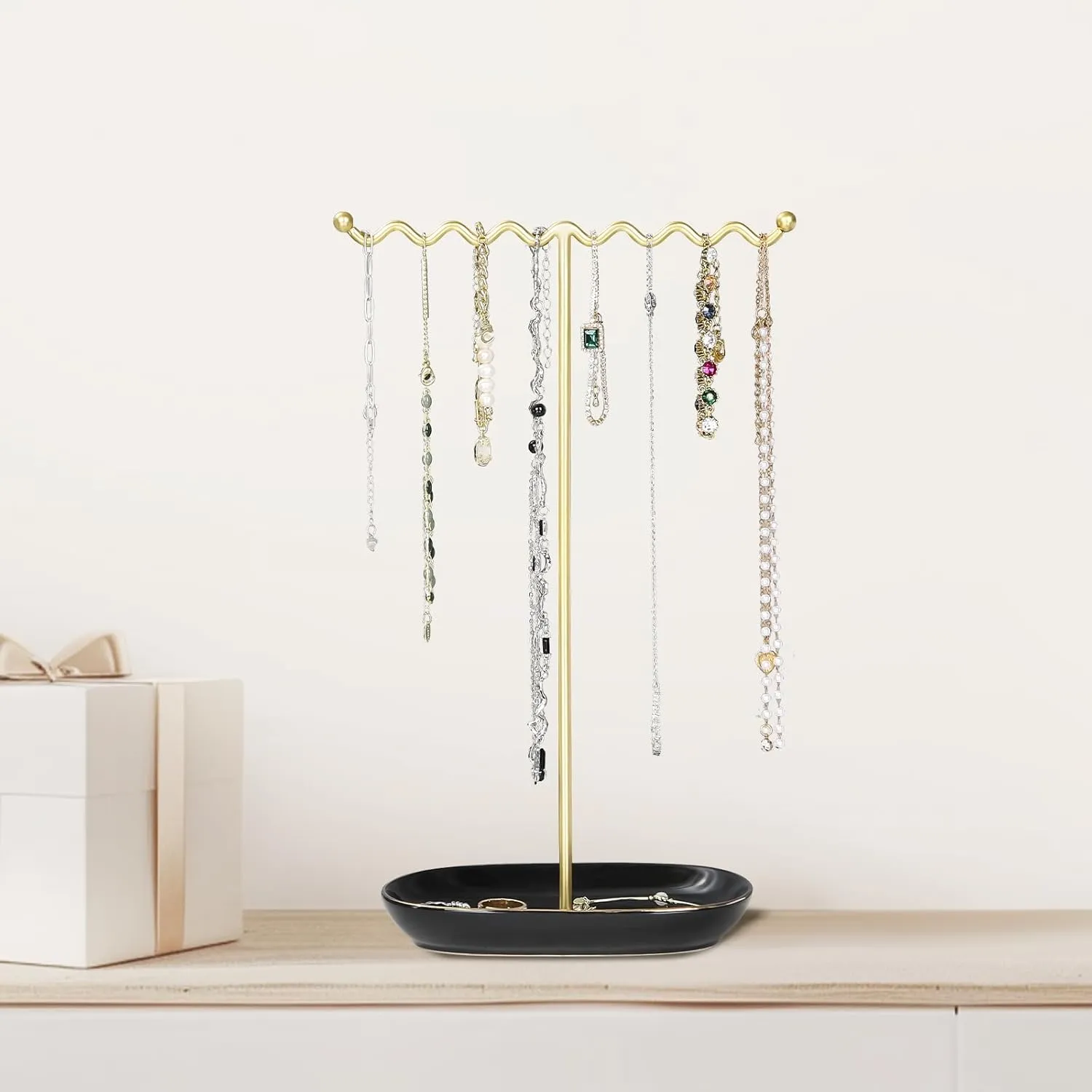 Elegant Jewelry Holder Stand: Metal Tree & Ceramic Tray Organizer for Necklaces, Rings, Earrings - Durable, Rustproof Display Holder Easy to Access Deluxe Black