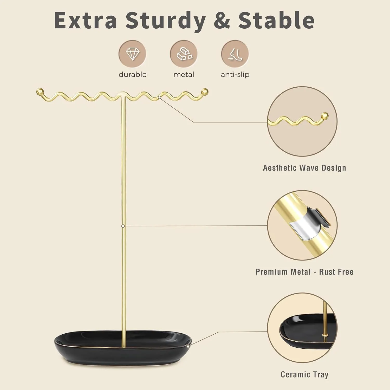 Elegant Jewelry Holder Stand: Metal Tree & Ceramic Tray Organizer for Necklaces, Rings, Earrings - Durable, Rustproof Display Holder Easy to Access Deluxe Black