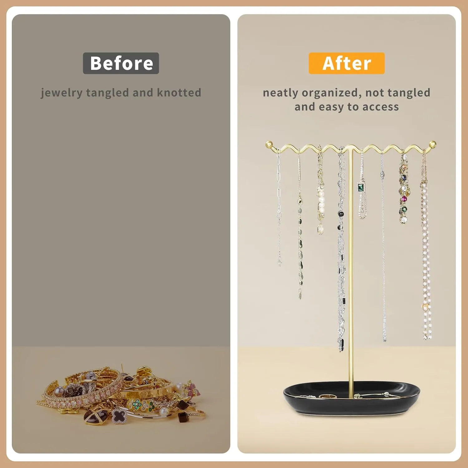 Elegant Jewelry Holder Stand: Metal Tree & Ceramic Tray Organizer for Necklaces, Rings, Earrings - Durable, Rustproof Display Holder Easy to Access Deluxe Black