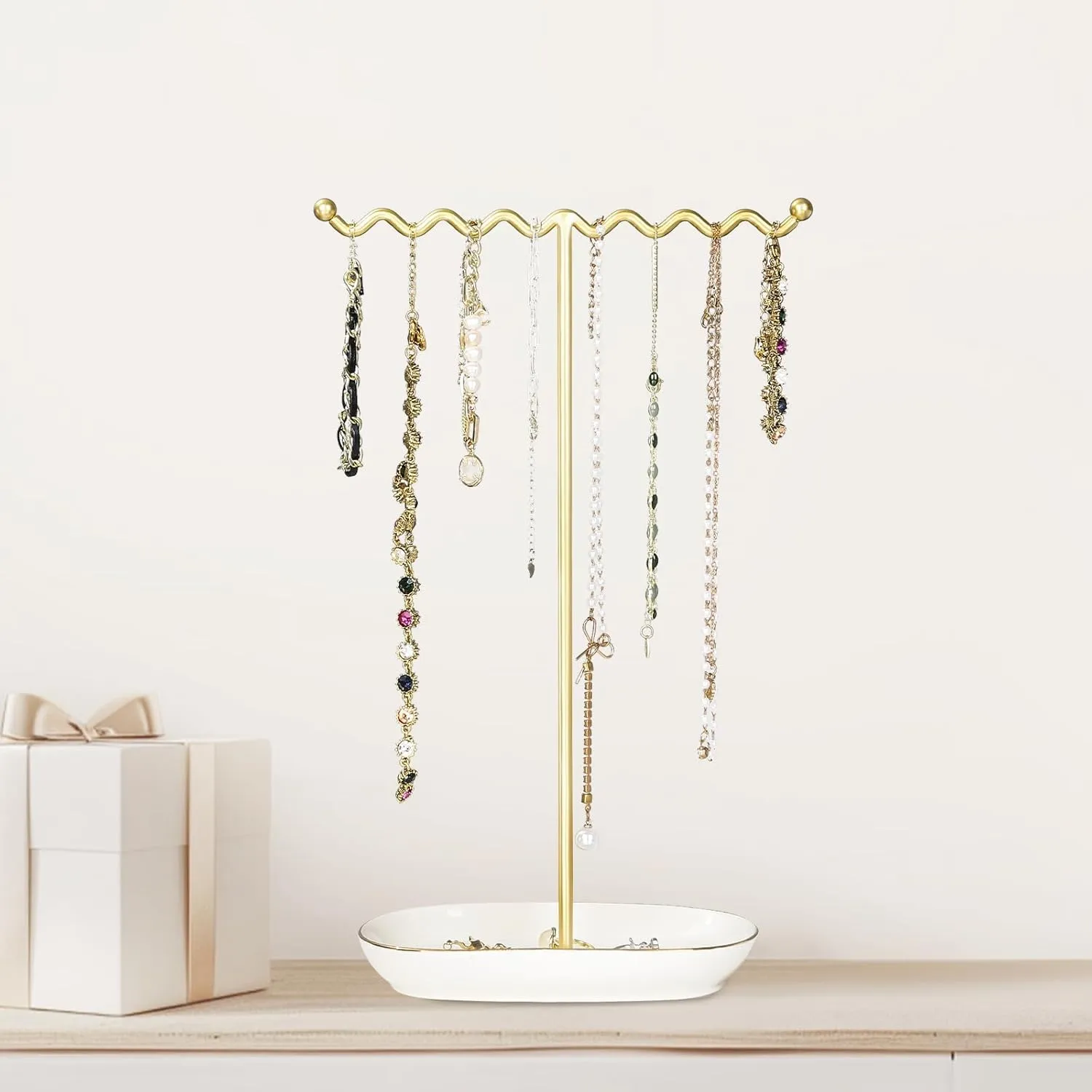 Elegant Jewelry Holder Stand: Metal Tree & Ceramic Tray Organizer for Necklaces, Rings, Earrings - Durable, Rustproof Display Holder Easy to Access Deluxe White