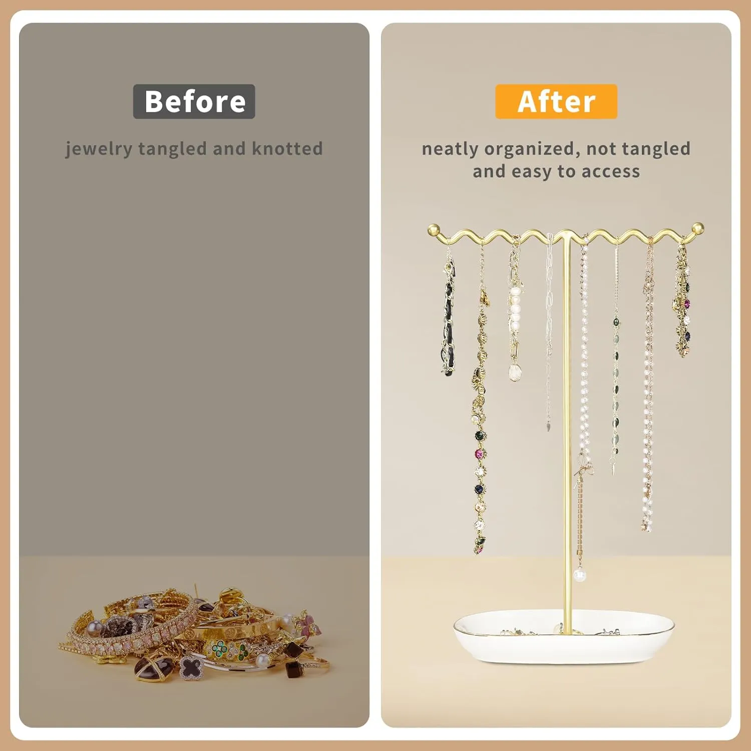 Elegant Jewelry Holder Stand: Metal Tree & Ceramic Tray Organizer for Necklaces, Rings, Earrings - Durable, Rustproof Display Holder Easy to Access Deluxe White