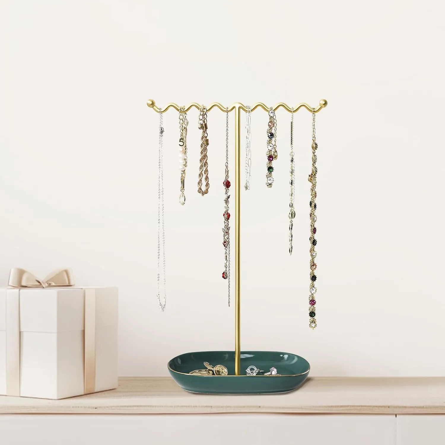 Elegant Jewelry Holder Stand: Metal Tree & Ceramic Tray Organizer for Necklaces, Rings, Earrings - Durable, Rustproof Display Holder Easy to Access Emerald Green
