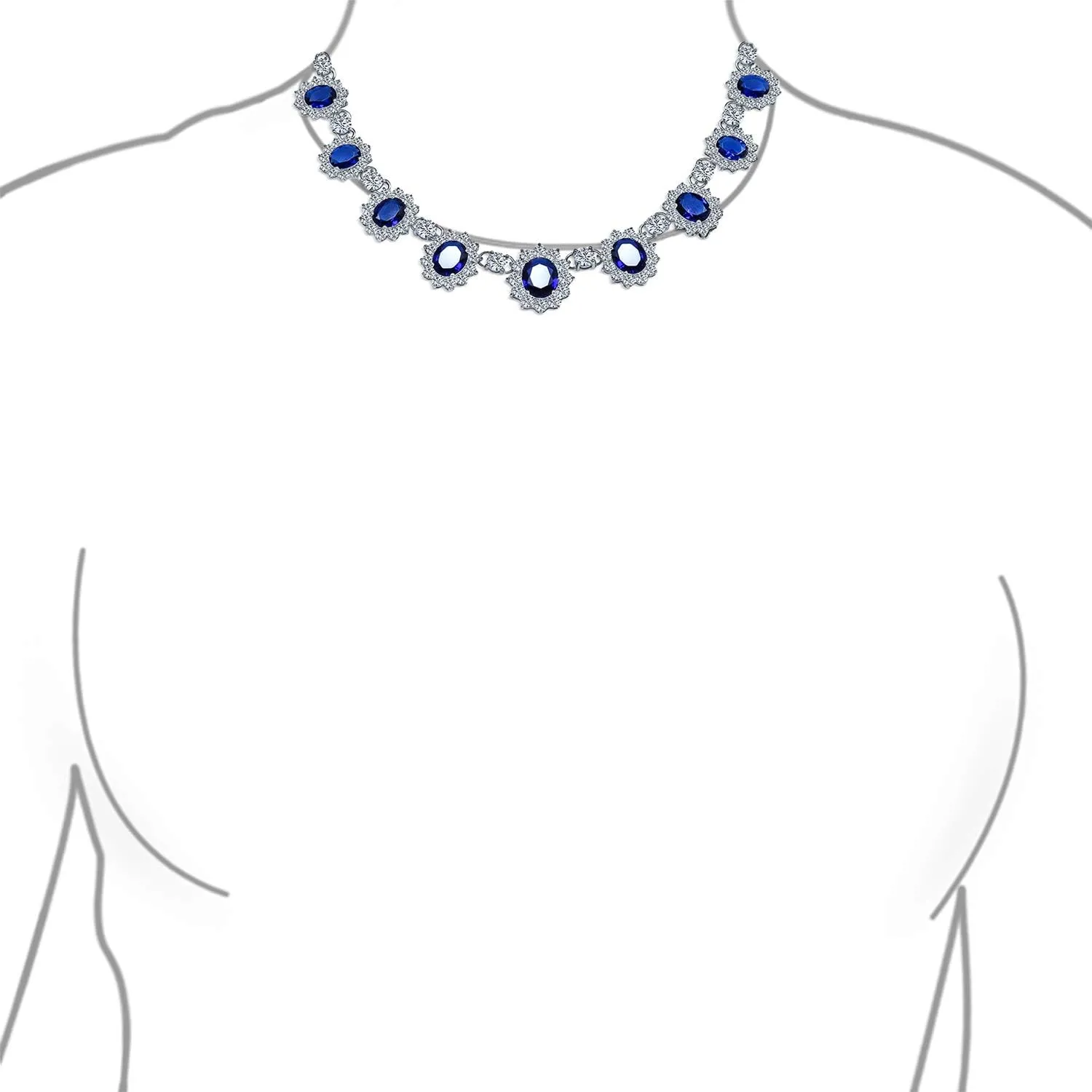 Elegant Vintage Estate-Inspired Bridal Jewelry Set - 5 CTW Oval Crown Halo Statement Necklace & Chandelier Earrings with AAA Cubic Zirconia CZ Simulated Gemstones, Silver Plated, for Women