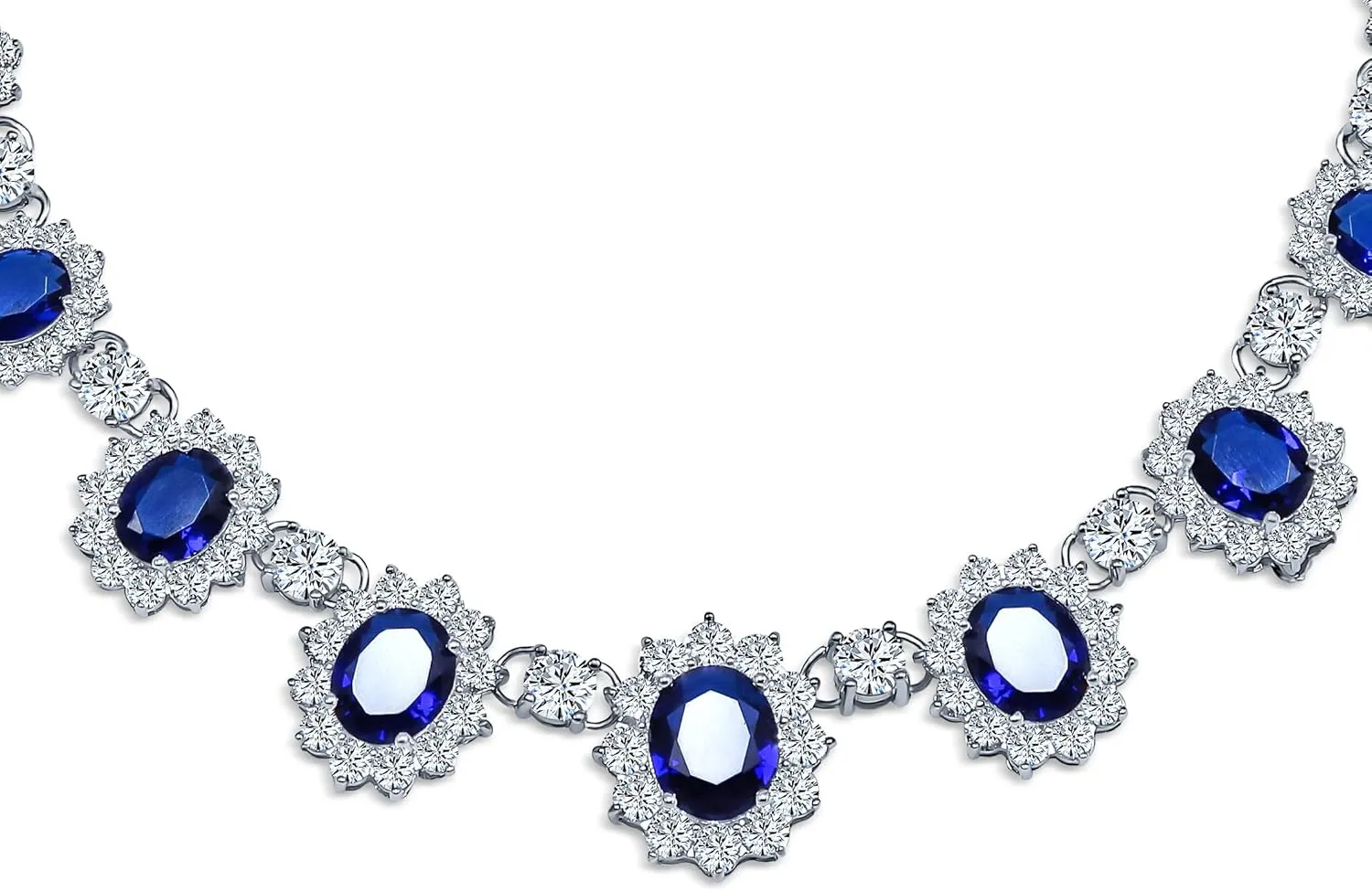 Elegant Vintage Estate-Inspired Bridal Jewelry Set - 5 CTW Oval Crown Halo Statement Necklace & Chandelier Earrings with AAA Cubic Zirconia CZ Simulated Gemstones, Silver Plated, for Women