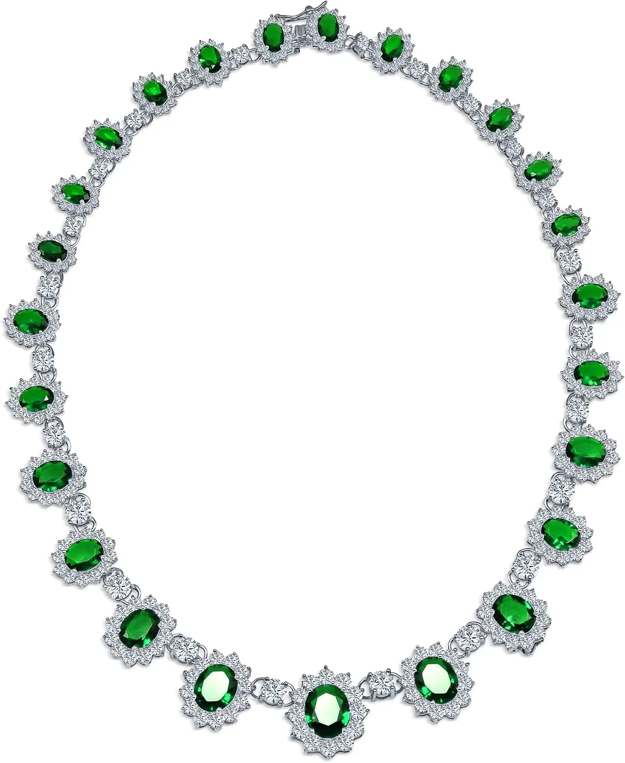 Elegant Vintage Estate-Inspired Bridal Jewelry Set - 5 CTW Oval Crown Halo Statement Necklace & Chandelier Earrings with AAA Cubic Zirconia CZ Simulated Gemstones, Silver Plated, for Women