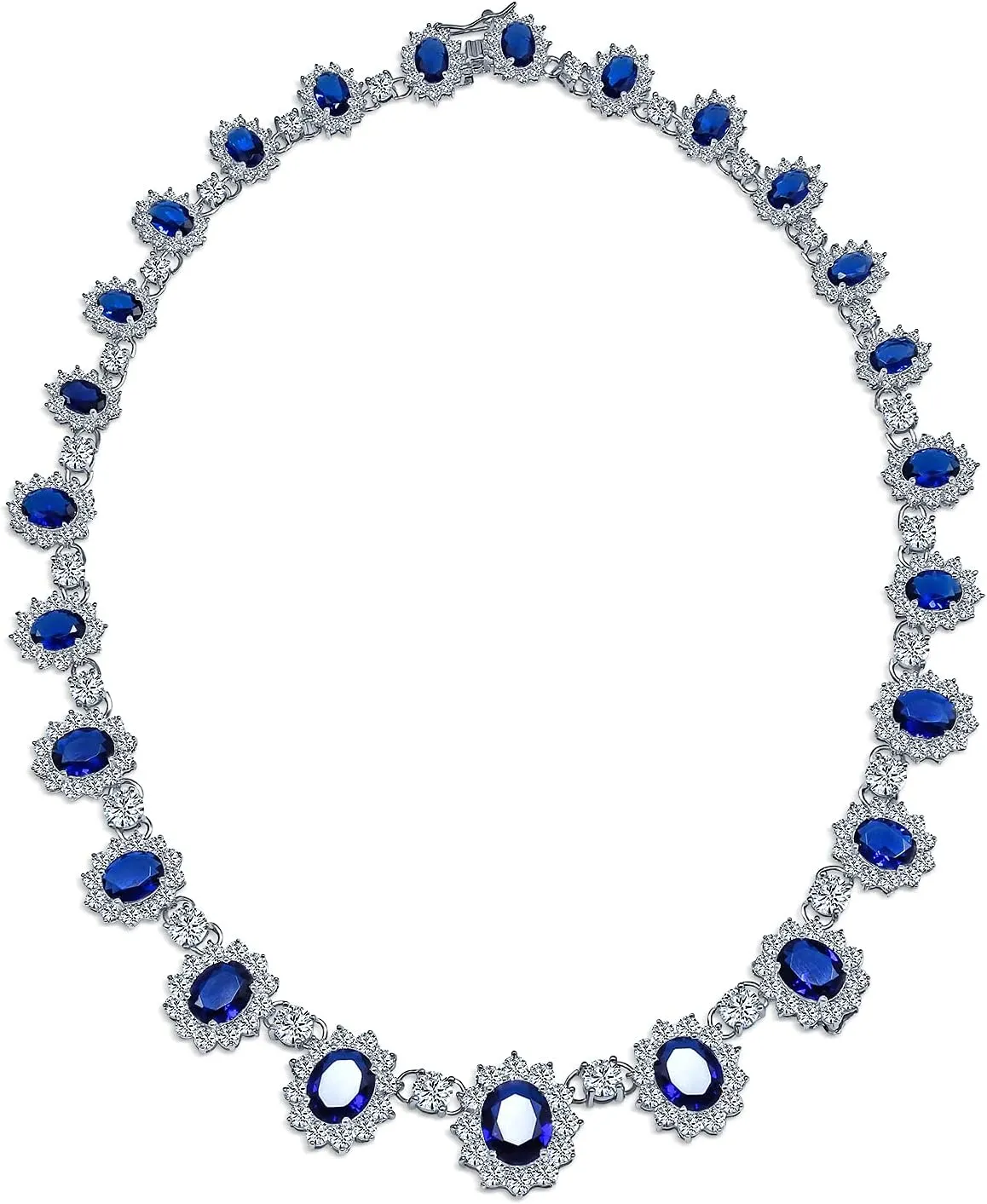 Elegant Vintage Estate-Inspired Bridal Jewelry Set - 5 CTW Oval Crown Halo Statement Necklace & Chandelier Earrings with AAA Cubic Zirconia CZ Simulated Gemstones, Silver Plated, for Women