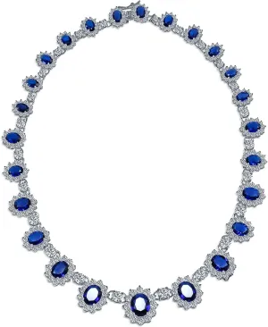 Elegant Vintage Estate-Inspired Bridal Jewelry Set - 5 CTW Oval Crown Halo Statement Necklace & Chandelier Earrings with AAA Cubic Zirconia CZ Simulated Gemstones, Silver Plated, for Women