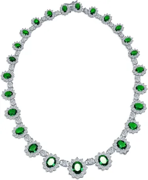 Elegant Vintage Estate-Inspired Bridal Jewelry Set - 5 CTW Oval Crown Halo Statement Necklace & Chandelier Earrings with AAA Cubic Zirconia CZ Simulated Gemstones, Silver Plated, for Women