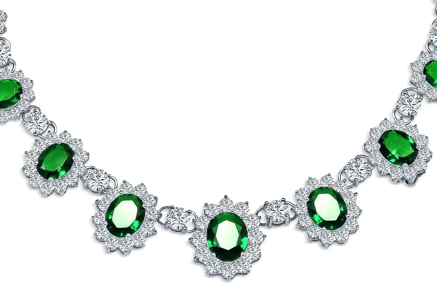 Elegant Vintage Estate-Inspired Bridal Jewelry Set - 5 CTW Oval Crown Halo Statement Necklace & Chandelier Earrings with AAA Cubic Zirconia CZ Simulated Gemstones, Silver Plated, for Women