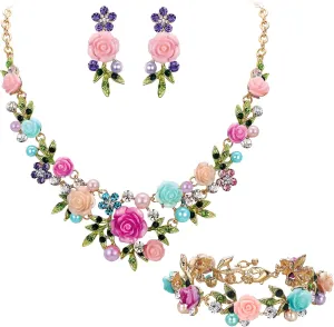 EVER FAITH Costume Jewelry Crystal Simulated Pearl Rose Flower Leaf Prom Party Statement Necklace Earrings Bracelet Set for Women