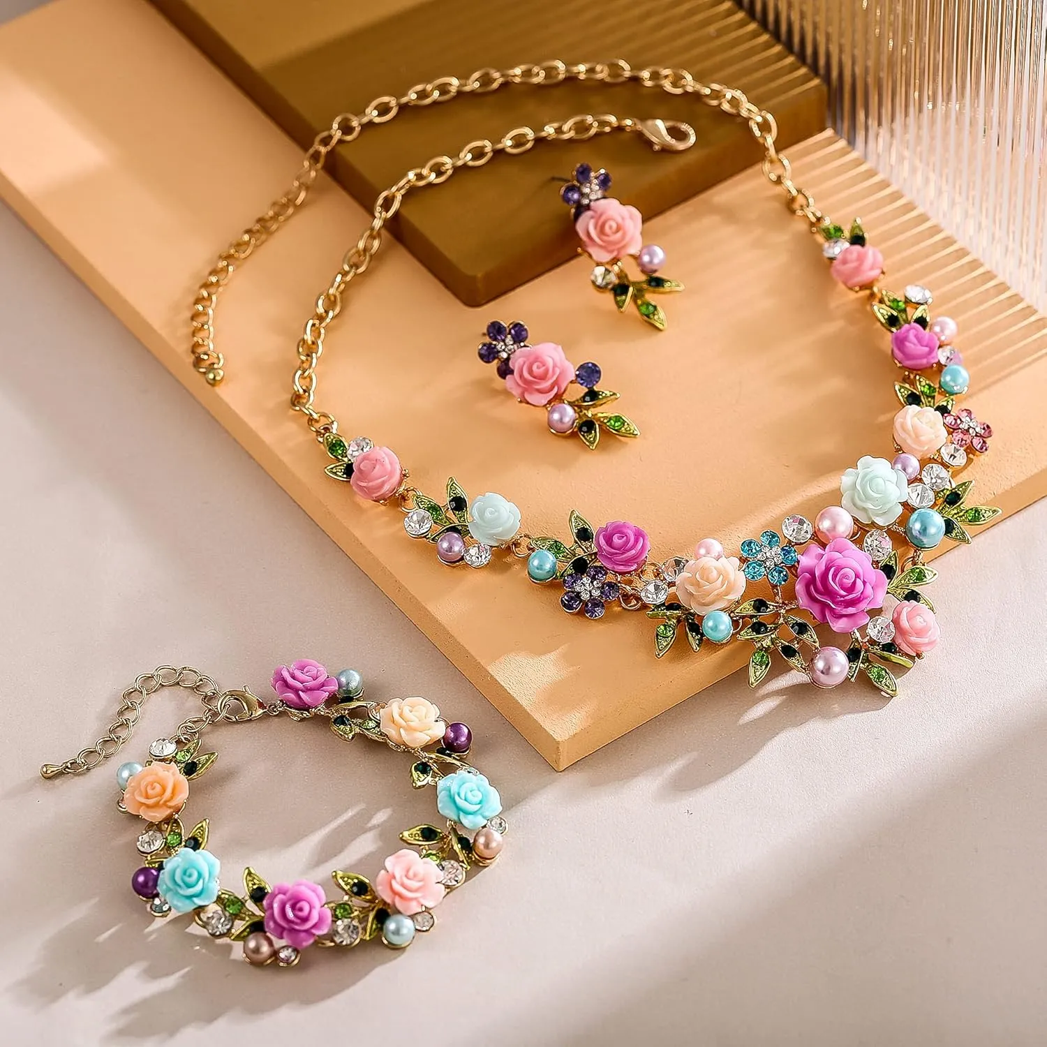 EVER FAITH Costume Jewelry Crystal Simulated Pearl Rose Flower Leaf Prom Party Statement Necklace Earrings Bracelet Set for Women