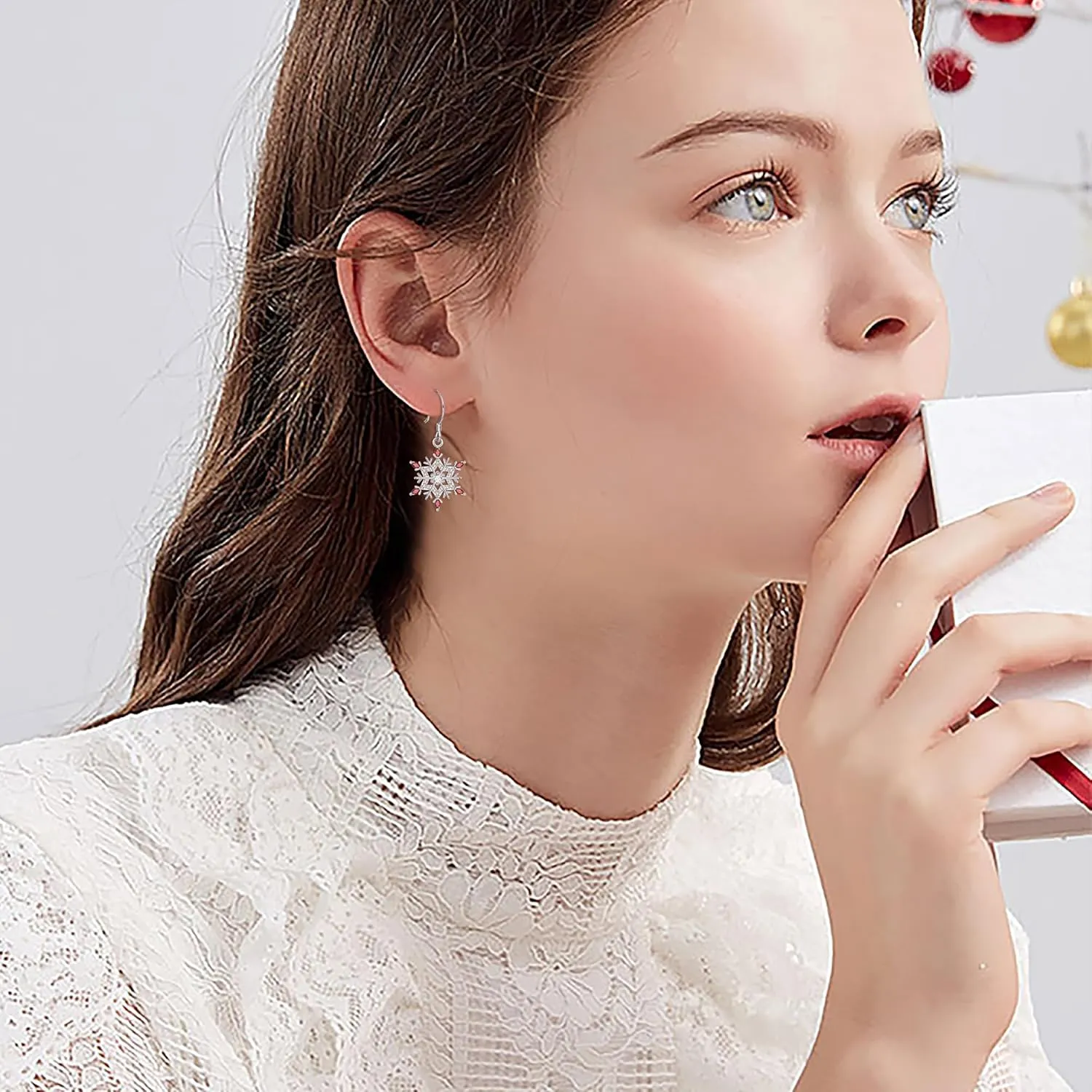EVER FAITH Winter Snowflake Earrings 925 Sterling Silver Cubic Zirconia Holiday Dainty Hook Dangle Earring Christmas Jewelry Gifts for Women