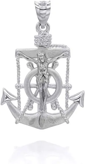 Exquisite 14K Tri-Color, White, or Two-Tone Rose Gold Mariner Crucifix Jesus Christ Anchor Cross Nautical Pendant - Choice of Metal