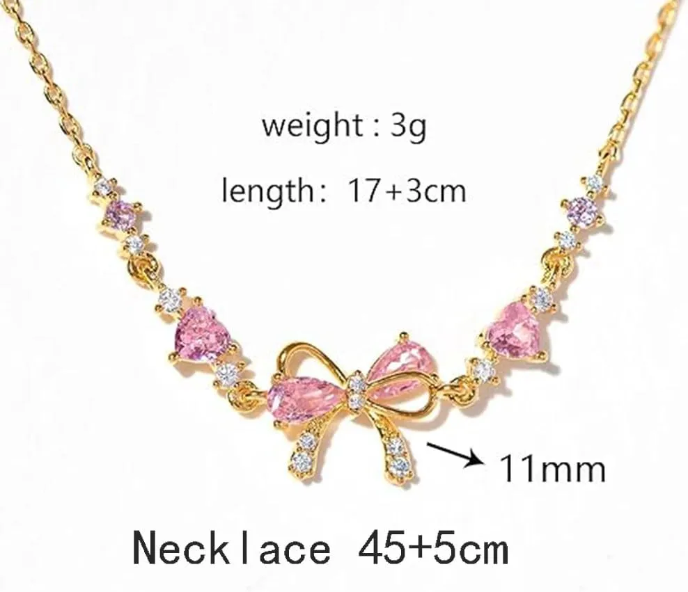Exquisite Bow Zircon Bracelet/Necklace - Friendship Is Like A Bow Tied Around Each Other,Adjustable Love Knot Pink Zirconia Friendship Bracelet/Necklace