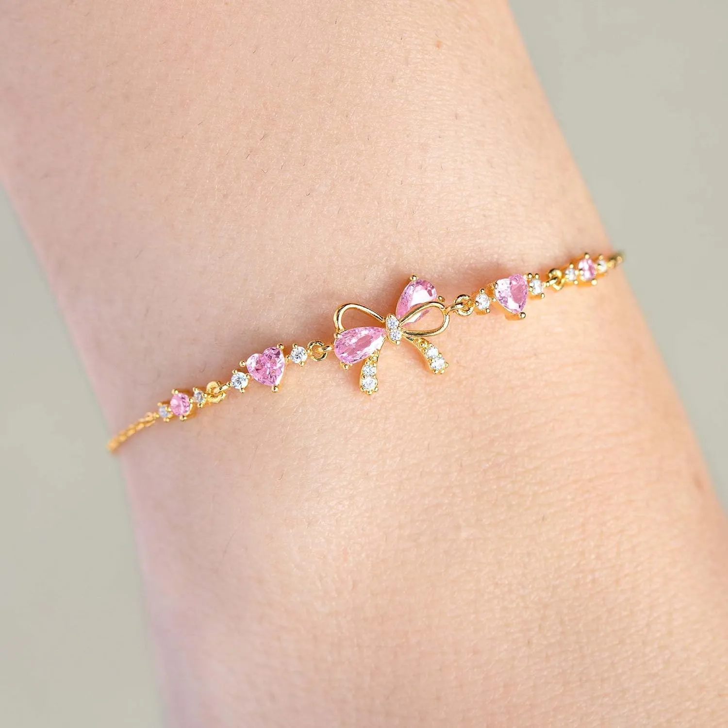 Exquisite Bow Zircon Bracelet/Necklace - Friendship Is Like A Bow Tied Around Each Other,Adjustable Love Knot Pink Zirconia Friendship Bracelet/Necklace