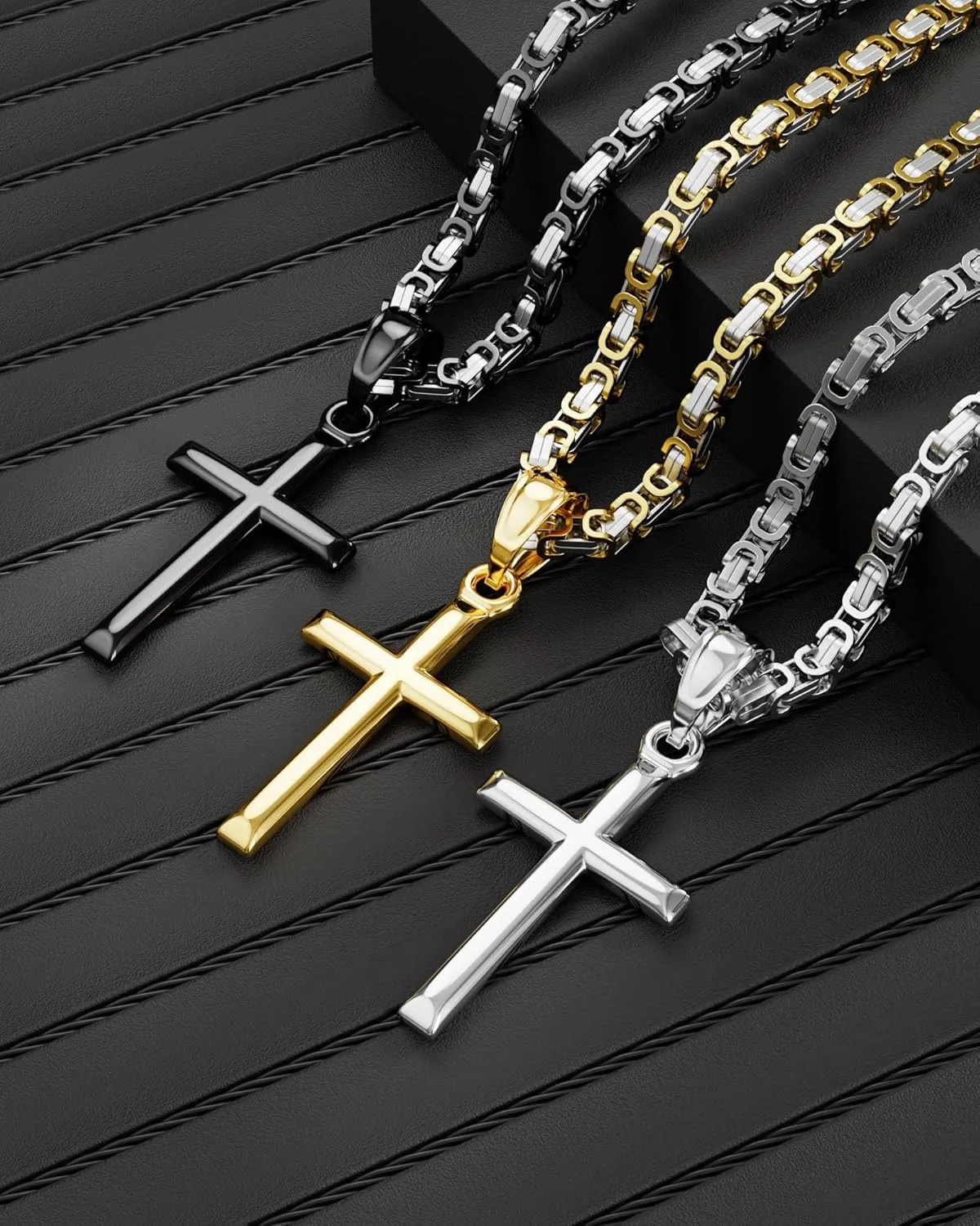 Exquisite Cross Necklace for Men and Women, Silver/Gold/Black Cross Chain with Top-grade 316L Stainless Steel Cross Pendant, 18-24 Inch Box/Byzantine Chains