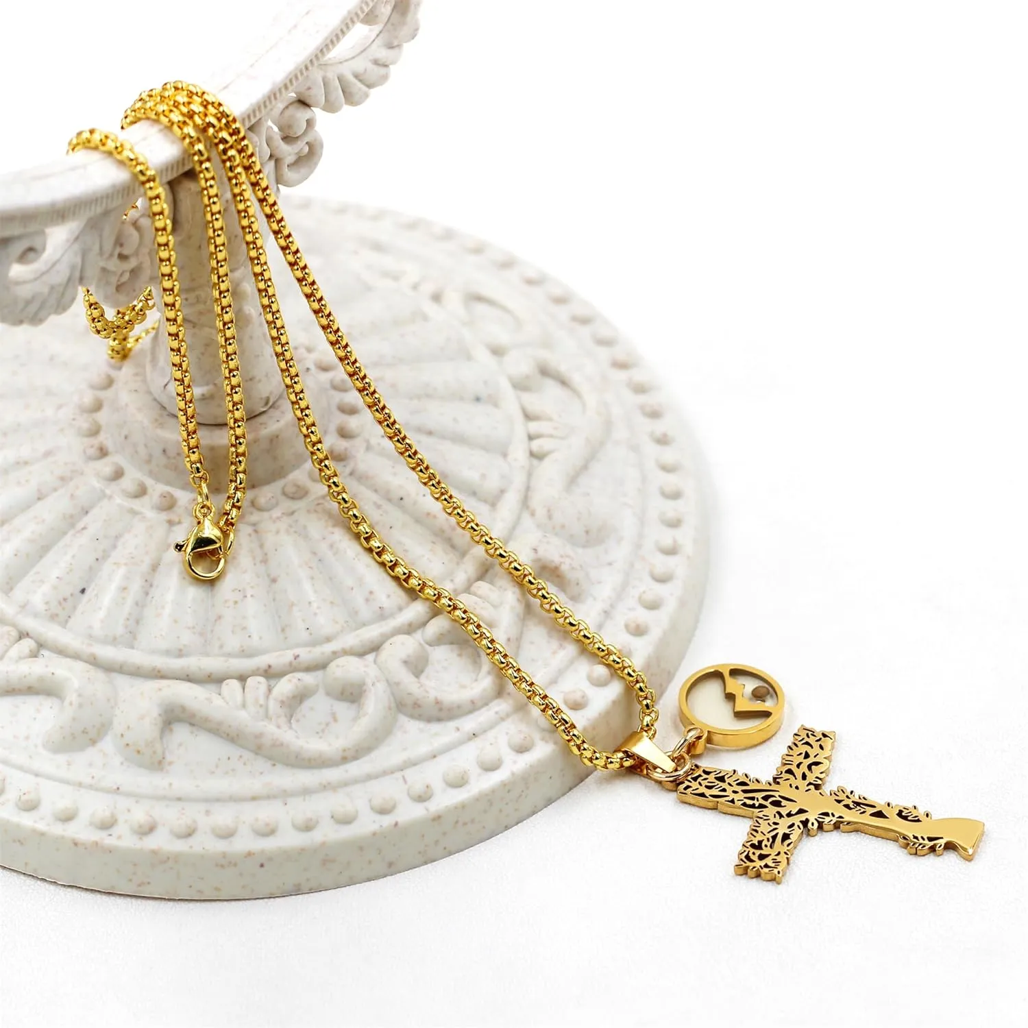 Exquisite Olive Tree Shaped Hollow Cross Pendant Necklace, Stainless Steel Religious Tree Shaped Cross with Mustard Seed Link Necklace for Family Love Friendship Jewelry Gift YA4473