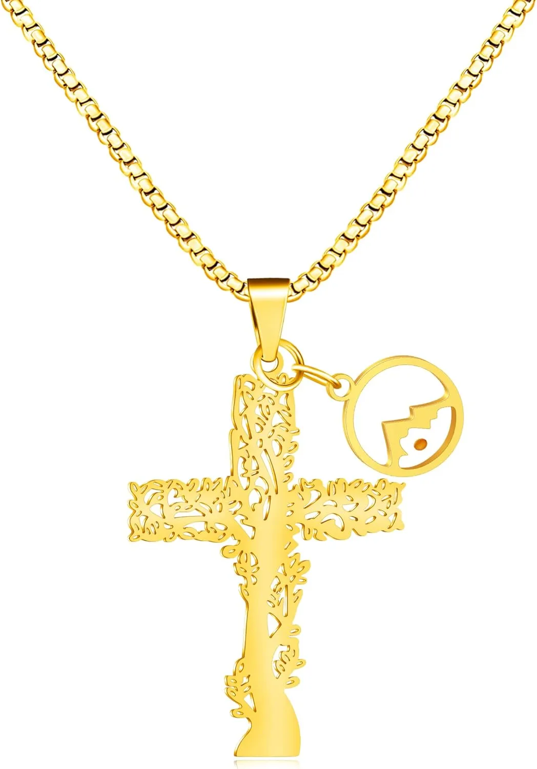 Exquisite Olive Tree Shaped Hollow Cross Pendant Necklace, Stainless Steel Religious Tree Shaped Cross with Mustard Seed Link Necklace for Family Love Friendship Jewelry Gift YA4473