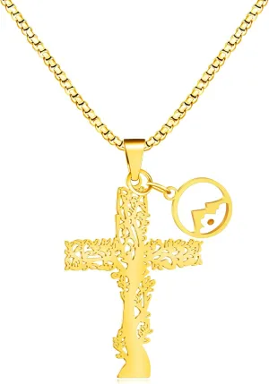 Exquisite Olive Tree Shaped Hollow Cross Pendant Necklace, Stainless Steel Religious Tree Shaped Cross with Mustard Seed Link Necklace for Family Love Friendship Jewelry Gift YA4473