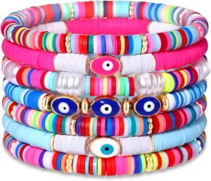 FAERLIIRY Beaded Bracelet Heishi Stretch Bracelets for Woman Preppy Bracelets Summer Beaded Bracelet Colorful Beach Surfer Bracelet Preppy Jewelry