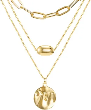 FAMARINE Gold Layered Pendant Long Necklace, 3 Layer Choker Necklace Chain Pendant Costume Jewelry for Women