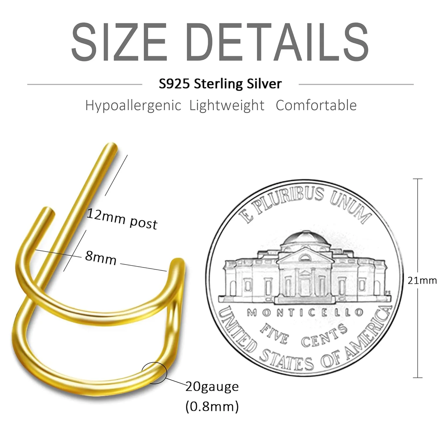 Faux Double Piercing Earrings 14k Gold Plated Sterling Silver Small Thin Huggie Hoop Earrings for Women, 8mm Dainty Mini Hypoallergenic Half Hoop Earrings as Everyday Jewelry Gifts