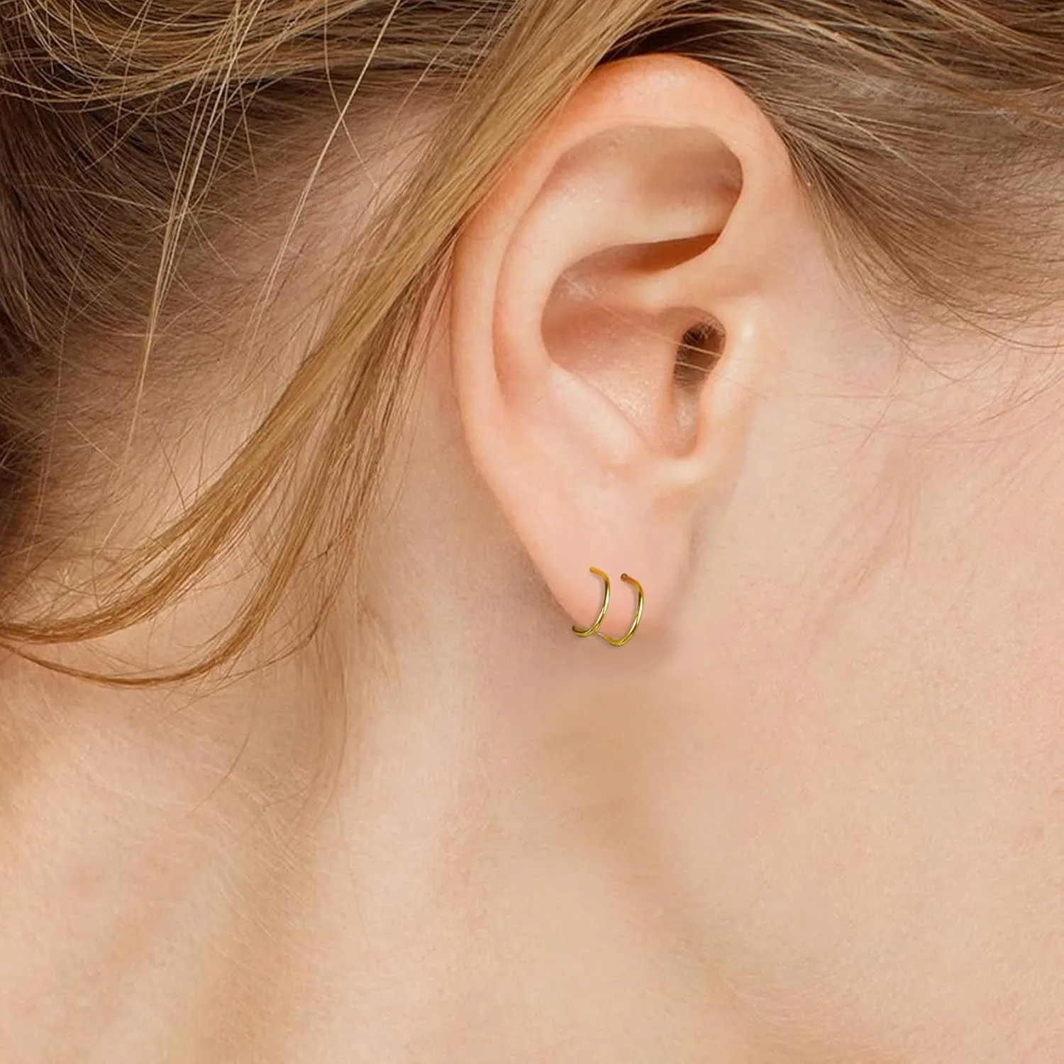 Faux Double Piercing Earrings 14k Gold Plated Sterling Silver Small Thin Huggie Hoop Earrings for Women, 8mm Dainty Mini Hypoallergenic Half Hoop Earrings as Everyday Jewelry Gifts