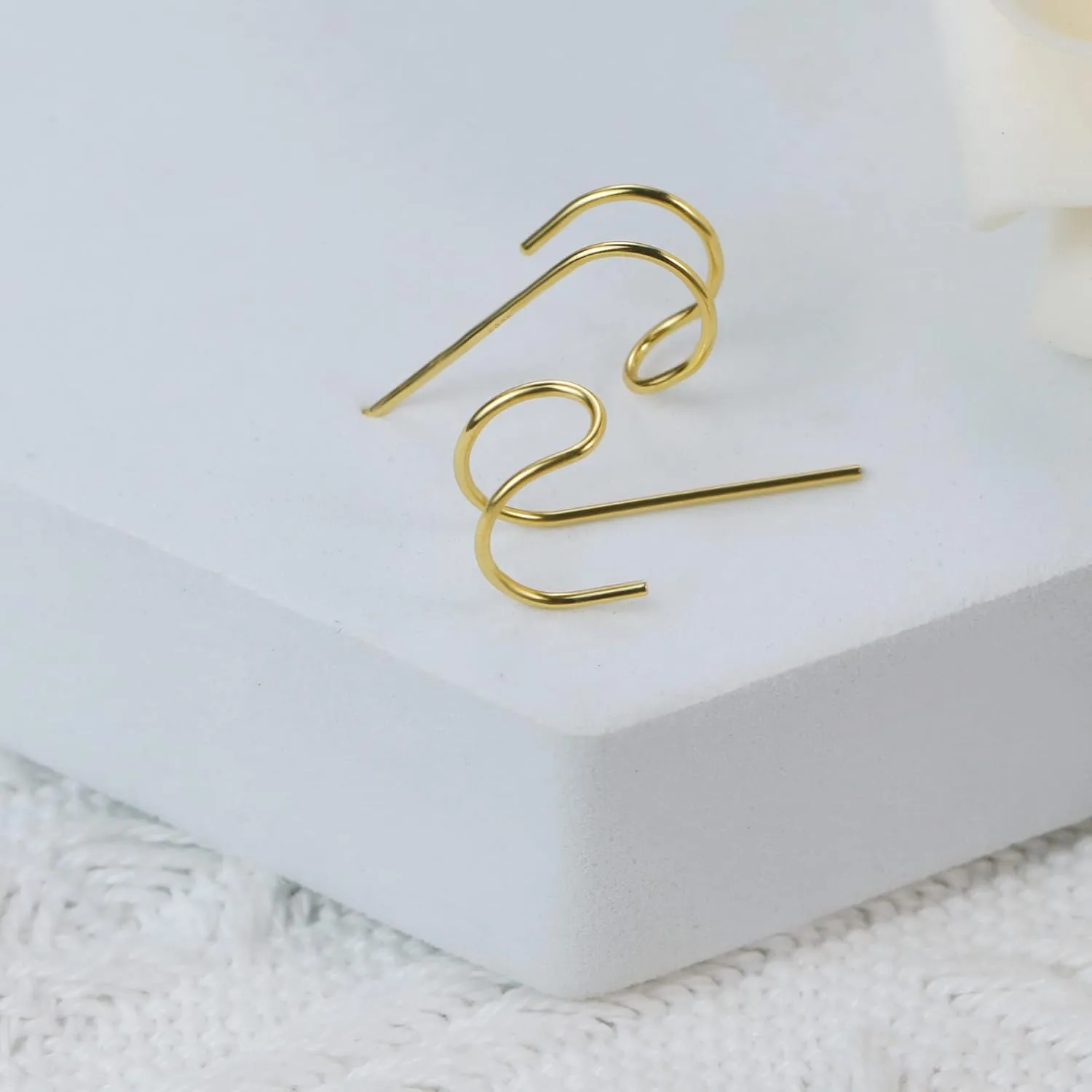 Faux Double Piercing Earrings 14k Gold Plated Sterling Silver Small Thin Huggie Hoop Earrings for Women, 8mm Dainty Mini Hypoallergenic Half Hoop Earrings as Everyday Jewelry Gifts