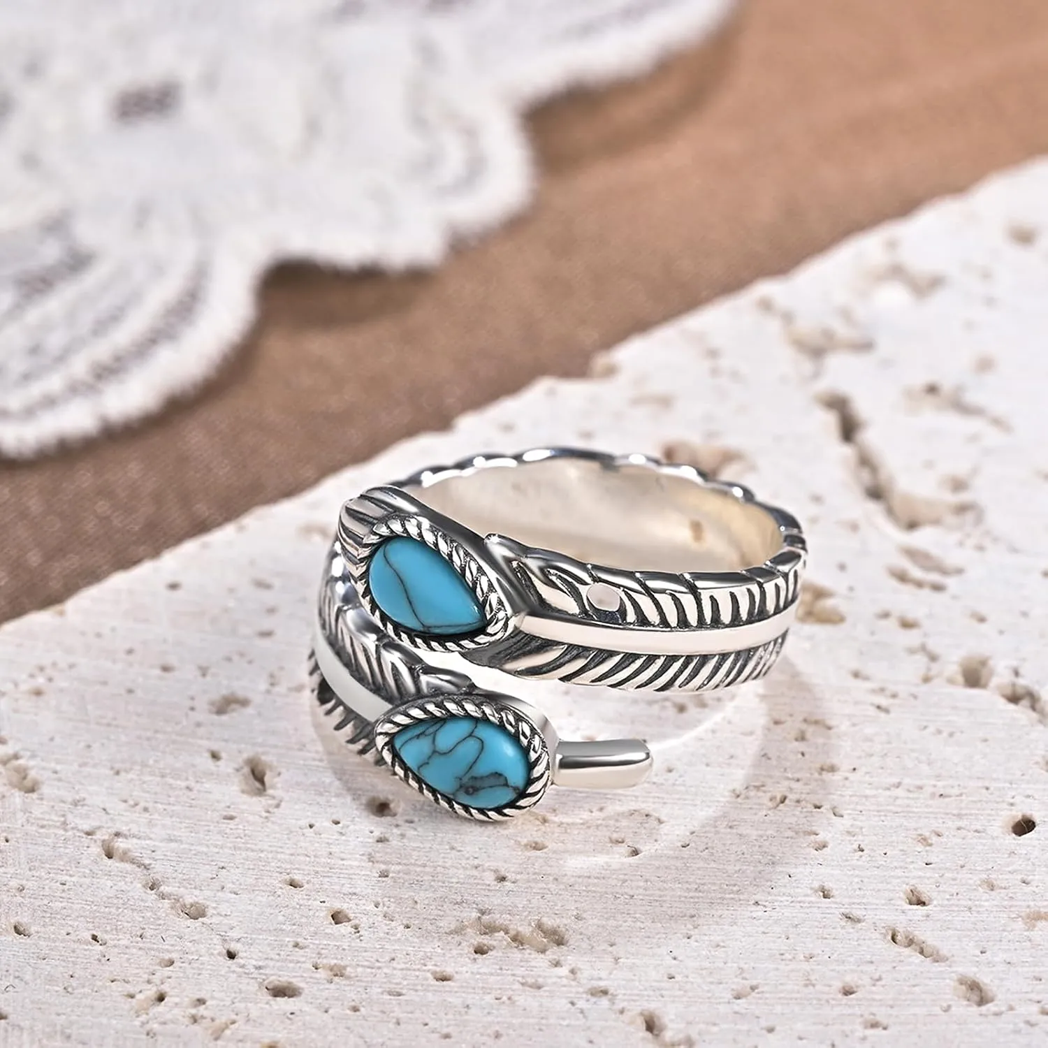 Feather Turquoise Rings - 925 Sterling Silver Adjustable Feather Ring Vintage Thumb Rings for Women Men
