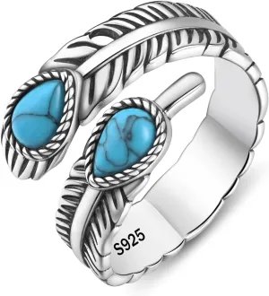 Feather Turquoise Rings - 925 Sterling Silver Adjustable Feather Ring Vintage Thumb Rings for Women Men