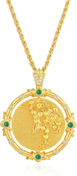 Fettero Gold Necklace for Women Birth Flower Necklace with Birthstone 14K Gold Plated Dainty Rotating Coin Pendant Necklace Personalized Birth Month Jewelry for Birthday Mother's Day Gift 12 Month