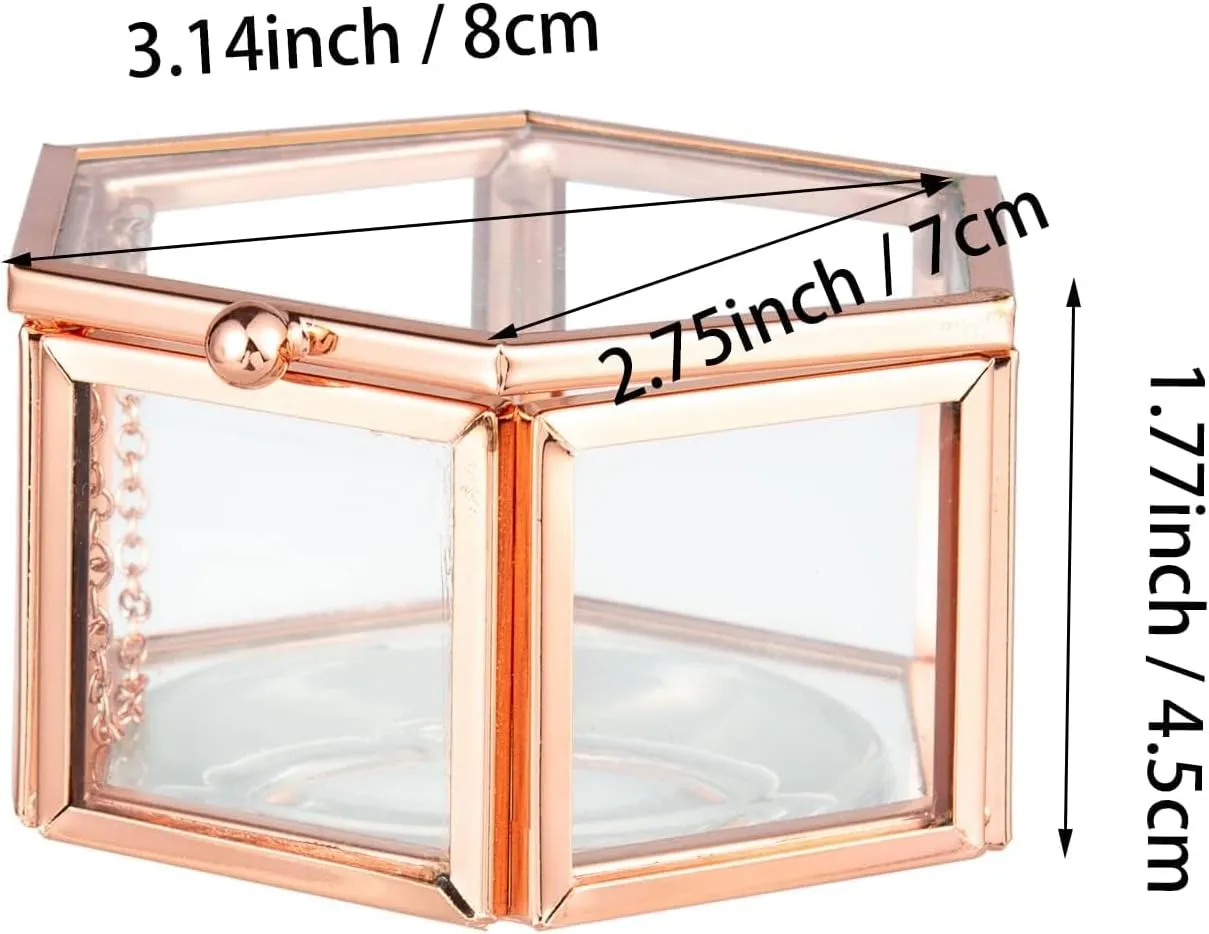 Feyarl Small Rose Gold Glass Ring Box Jewelry Trinket Earring Treasure Chest Case Preserved Flower Organizer Decorative Keepsake Box for Girl Women Wedding Birthday Gift