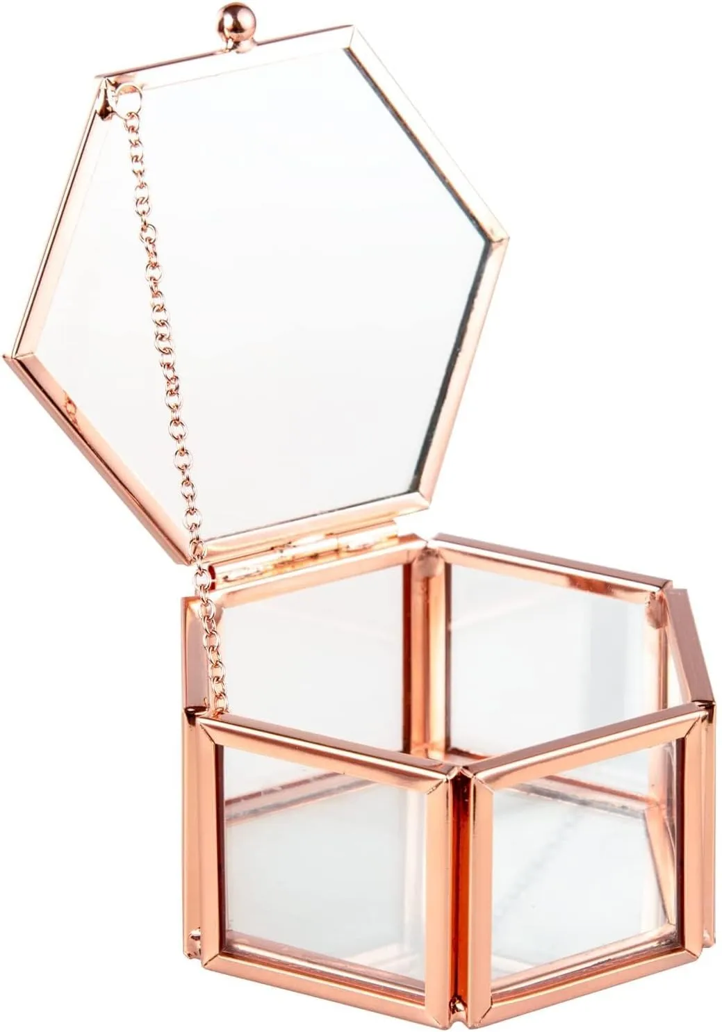 Feyarl Small Rose Gold Glass Ring Box Jewelry Trinket Earring Treasure Chest Case Preserved Flower Organizer Decorative Keepsake Box for Girl Women Wedding Birthday Gift