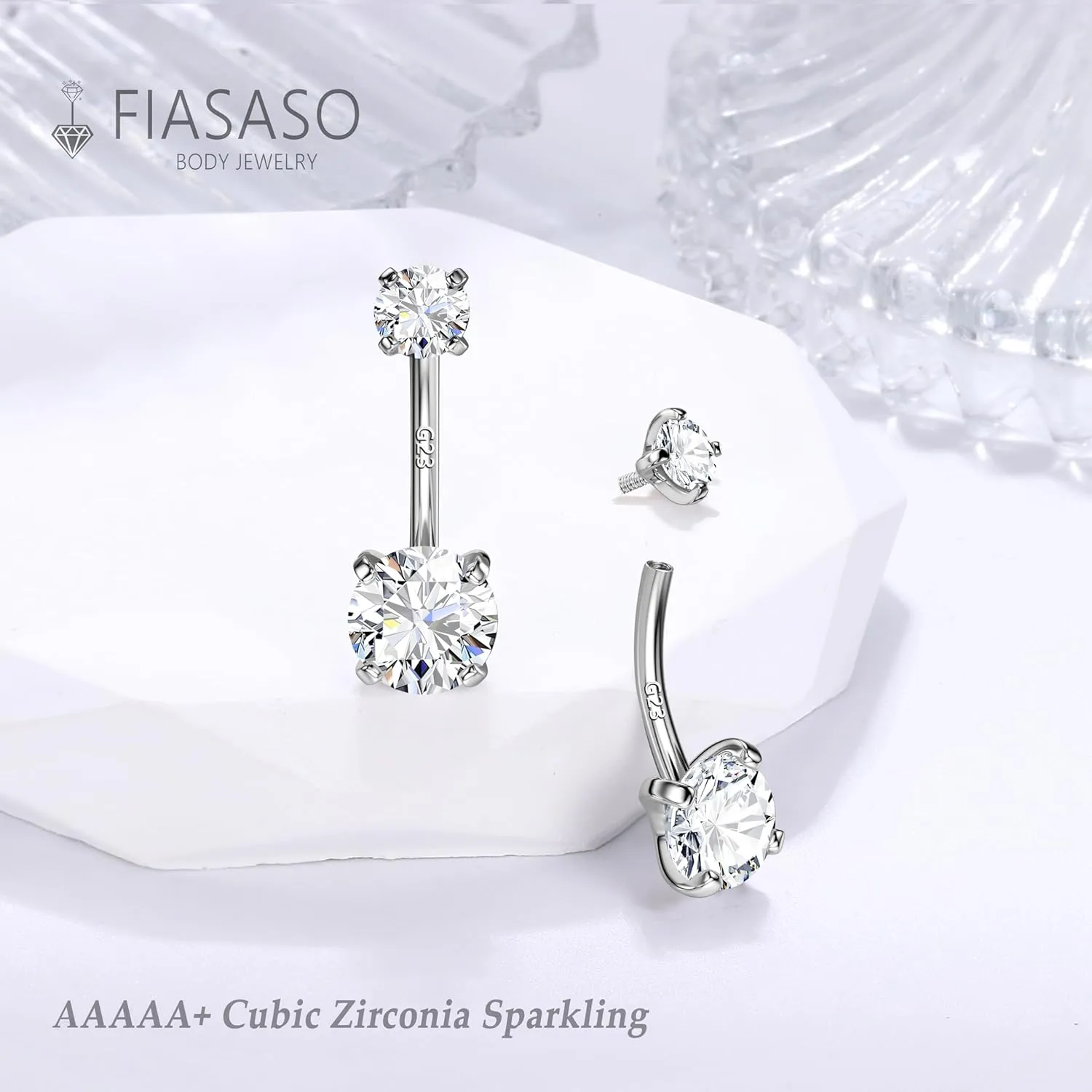 FIASASO 14G Surgical Steel G23 Titanium Sterling Silver 14K Gold Belly Button Rings for Women Round Cubic Zirconia Navel Barbell Stud Hypoallergenic Body Piercing Jewelry