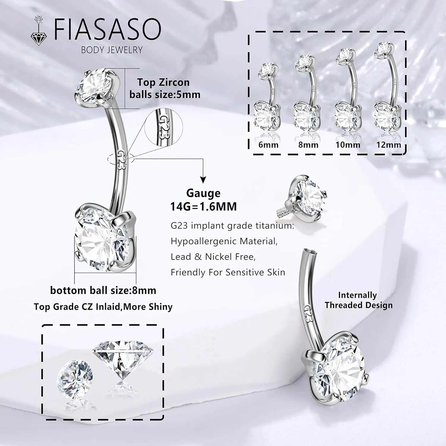 FIASASO 14G Surgical Steel G23 Titanium Sterling Silver 14K Gold Belly Button Rings for Women Round Cubic Zirconia Navel Barbell Stud Hypoallergenic Body Piercing Jewelry
