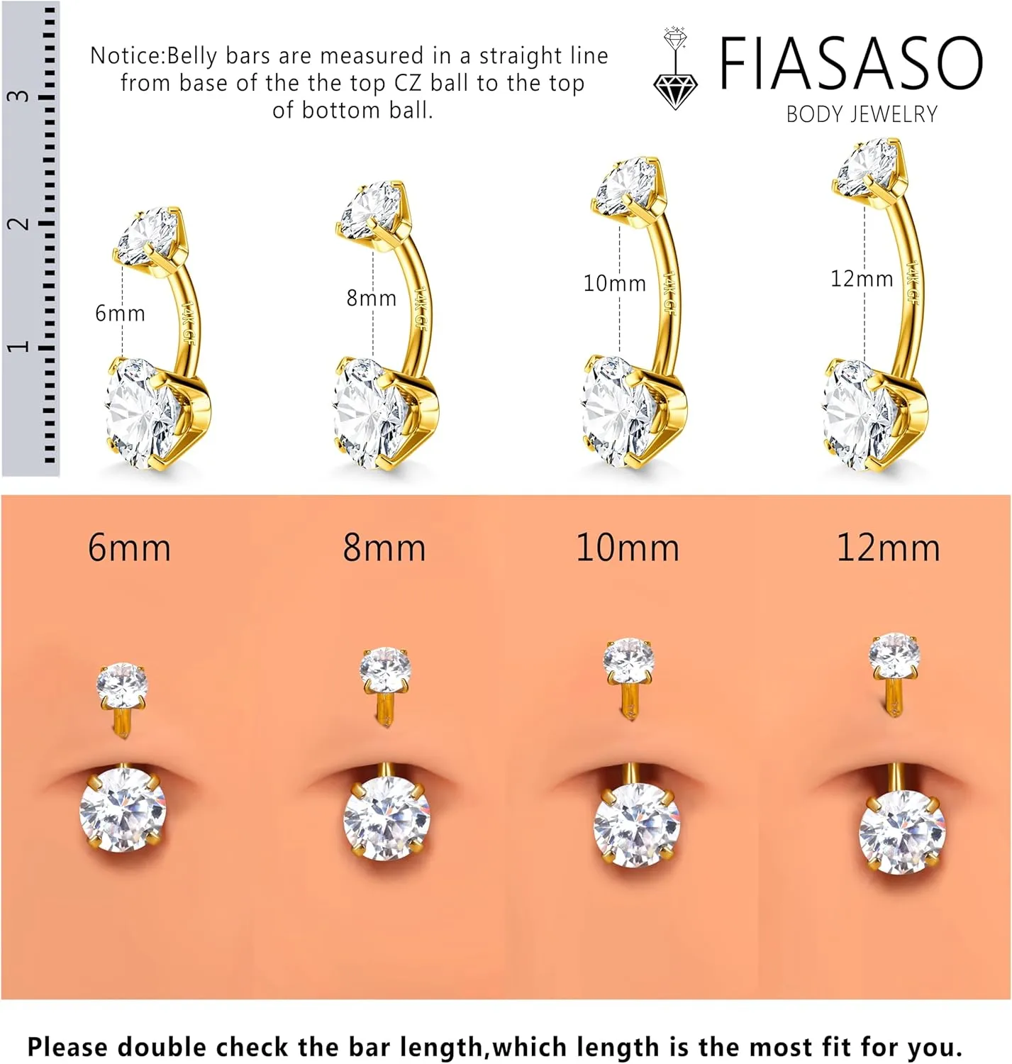 FIASASO 14G Surgical Steel G23 Titanium Sterling Silver 14K Gold Belly Button Rings for Women Round Cubic Zirconia Navel Barbell Stud Hypoallergenic Body Piercing Jewelry